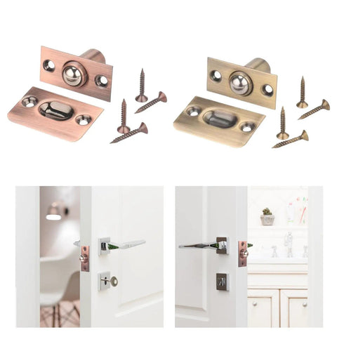 Heavy Duty Adjustable Ball Door Catches 2 Pack With Brass Roller Latch showing components and installation on cabinet door.