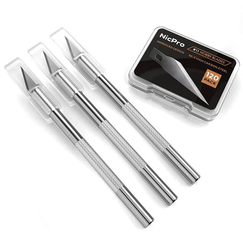 123 Piece Hobby Knife Set With 3 Carving Craft Knives And 120 Size 11 SK5 High Carbon Steel Blades Refills In A Safe Case