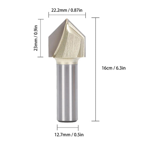Solid 1/2 Inch Shank 90 Degree V Groove Router Bit Made With Tungsten Carbide for cutting MDF and wood projects.