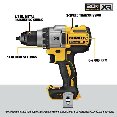 Side view of 20V Max XR Brushless Drill/Driver With 3 Speed Modes, Tool Only, DCD991B showing specifications and features.