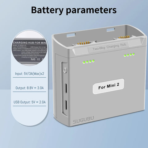 Dual Channel Battery Charger Hub For Mini 2 Series Drones Two Way Charge Station with parameters and ports visible