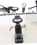 Rechargeable USB Welding Clip Light With Magnifier For Soldering And Repair on workbench with adjustable LED beam and clamp