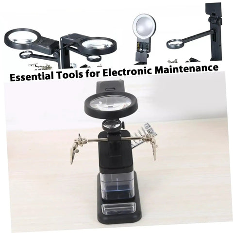 Rechargeable USB Welding Clip Light With Magnifier For Soldering And Repair on workbench with adjustable LED beam and clamp