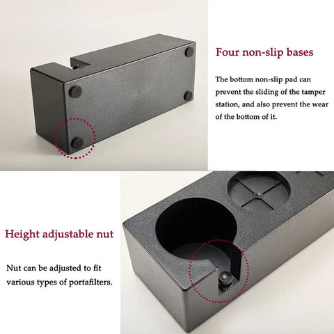 Go To Espresso Tamping Station Stand In Black Plastic For 51mm, 54mm, And 58mm Portafilters with non-slip bases and adjustable nut