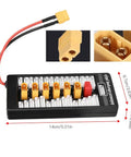 Fast Lane Parallel Charging Board for RC Drones and Racing Models, XT60 Connector, dimensions shown, 2S-6S LiPo cells visible