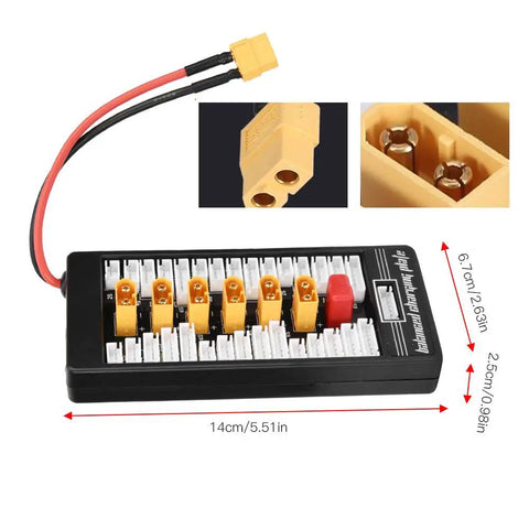 Fast Lane Parallel Charging Board for RC Drones and Racing Models, XT60 Connector, dimensions shown, 2S-6S LiPo cells visible