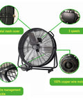 Close-up of 24 Inch High Velocity Industrial Floor Fan Heavy Duty Portable Air Circulator with metal mesh cover and 3 speed settings.