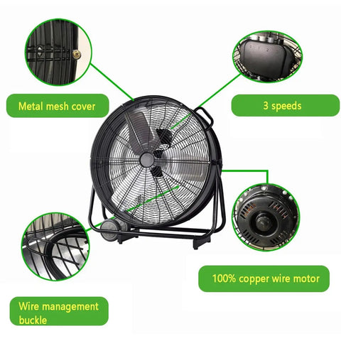 Close-up of 24 Inch High Velocity Industrial Floor Fan Heavy Duty Portable Air Circulator with metal mesh cover and 3 speed settings.