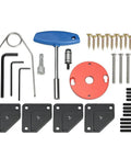 Solid Router Lift Kit For 65mm Motors With Plunge Base And Table Insert Plate parts including screws, tools, and brackets.