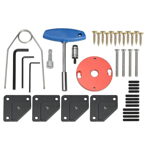 Solid Router Lift Kit For 65mm Motors With Plunge Base And Table Insert Plate parts including screws, tools, and brackets.