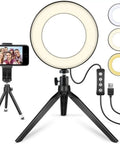 6 Inch Ring Light With Tripod Stand For Desk Use Perfect For YouTube Vids, Makeup Tutorials And Selfies, showing light modes and phone holder