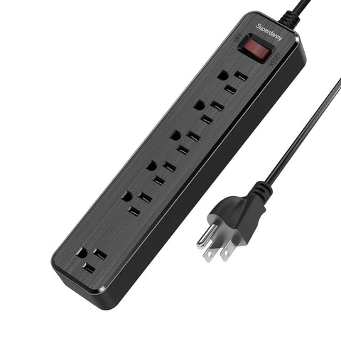 Black Must Have 6 Outlet Surge Protector Power Strip With Four And A Half Foot Extension Cord Two Pack 900 Joules Overload Switch.