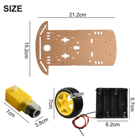 Parts of Smart Robot Car Kit With Two Wheel Drive Chassis Speed Encoder And DC Gear Motors One To Forty Eight shown with dimensions