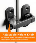White Barn Door Latches With Adjustable 0 To 7 Millimeters Height For Flawless Gap Alignment and a Rock Steady 90 To 180 Degree Swivel Lock For Sliding Doors That Install Like A Breeze, showing adjustable height knob and alignment feature.