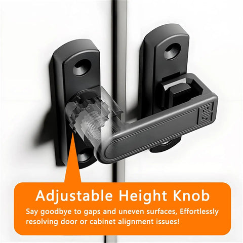 White Barn Door Latches With Adjustable 0 To 7 Millimeters Height For Flawless Gap Alignment and a Rock Steady 90 To 180 Degree Swivel Lock For Sliding Doors That Install Like A Breeze, showing adjustable height knob and alignment feature.