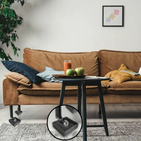 Heavy Duty Square Rubber Caster Cups 2X2 Inch Non Slip Furniture Stopper Glides under sofa legs in living room.