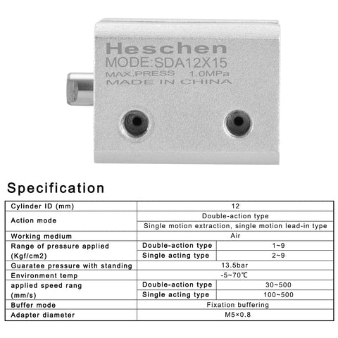 Close-up of Compact Aluminum Pneumatic Air Cylinder SDA 12-15 With 12mm Bore And 15mm Stroke M5 Port Double Acting, with specs.