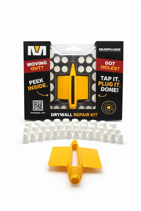 Drywall Hole Repair Kit With 36 Plugs In Three Sizes Half Inch Five Eighths Inch And Three Quarter Inch with reusable prep tool visible