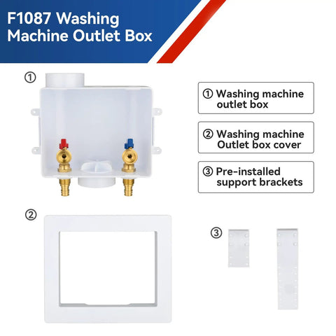 Heavy Duty Washing Machine Outlet Box With One Half Inch PEX Crimp Inlet And Three Quarter Inch MHT Outlet Center Drain UPC Certified Plastic Box With Lead Free Brass One Quarter Turn Shut Off Valves Ideal Laundry Plumbing Fittings components