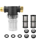Garden Hose Inlet Filter Kit For Three Quarter Inch High Pressure Washers, Inline Sediment Filter With 40 Mesh Screen, Includes Two 100 Mesh Screens, O Rings And Filter Washers, No Fuss Install, Durable Plastic on white background