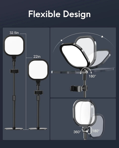 Adjustable Desk Ring Light With Stand For Webcam And Video Calls, 30 Light Modes, side view showing flexible design positions.