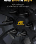 Close-up of Spike Lug Nut Kit M14x1.5 For Chevy Silverado SUV, black spiked nuts on wheel hub, 24-piece set with socket key