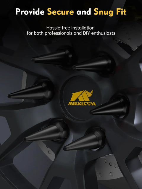Close-up of Spike Lug Nut Kit M14x1.5 For Chevy Silverado SUV, black spiked nuts on wheel hub, 24-piece set with socket key