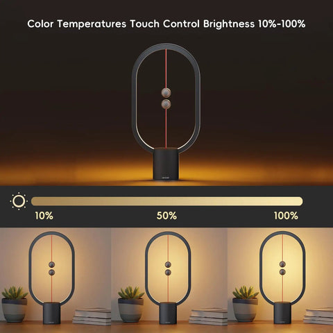 Balance Lamp For Bedroom And Nightstand With Touch Dimmer showing brightness levels and sleek black finish.