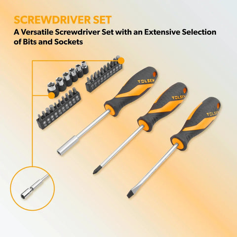 Screwdriver set with three handles and various bits and sockets for versatile household repair tasks.
