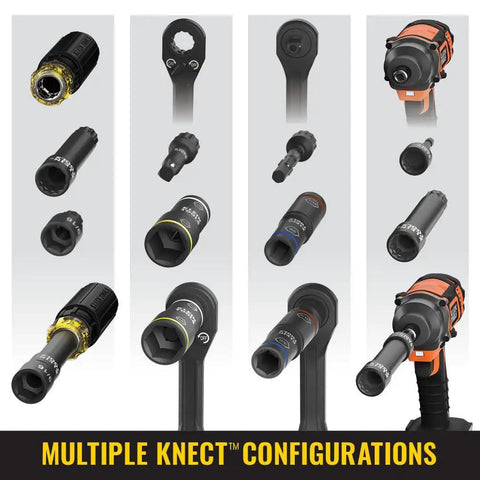 KNECT 15-Piece Pass Through Socket Set For SAE And Impact Drivers With MODbox Case shown in various configurations