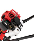 Close-up of the 52cc Gas Powered Tiller Cultivator's engine, showing 2 stroke engine and durable iron and plastic build.