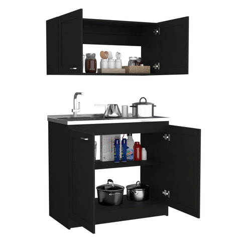 Black Two Piece Cabinet Set With Integrated Countertop versatile storage solution for bathrooms and kitchens with open shelves.