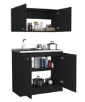 Heavy Duty Modular Storage Cabinet Set Featuring Dual Section Design Slick Matte Black Finish, upper storage with jars and lower section with modern kitchenware.