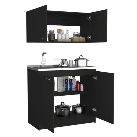 Sleek Black Two Piece Modular Cabinet Set Featuring Dual Tier Storage And Heavy Duty Construction For Ultimate Home Organization And Modern Living Space Vibes That Truly Make Your Setup Dope with open cabinets and kitchen items.