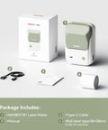 Slick Durable Portable Label Maker Machine With Wireless Bluetooth Pc App For No Sweat Home Organization And School Storage Includes Self Adhesive Tape Rolls In Green White with manual and Type-C cable.