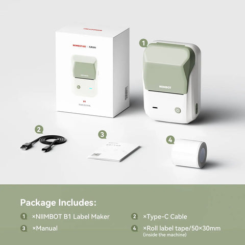 Slick Durable Portable Label Maker Machine With Wireless Bluetooth Pc App For No Sweat Home Organization And School Storage Includes Self Adhesive Tape Rolls In Green White with manual and Type-C cable.