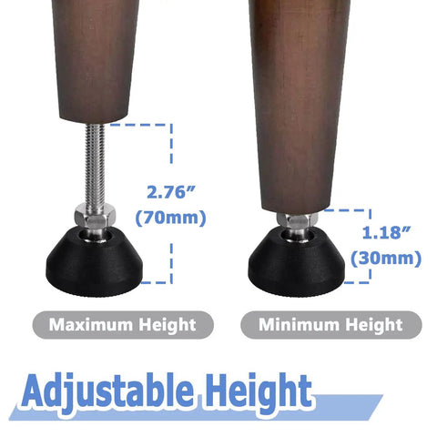 Six Pack M8 Furniture Levelers With Swivel Nylon Anti Slip Bases showing adjustable height from 30mm to 70mm for tables and chairs