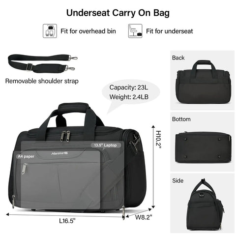 Underseat Carry On Luggage Bag For Travel Soft Lightweight Foldable Duffle Personal Item Fits Under Airline Seat Black, Dimensions 16.5"L x 10"H x 8.2"W.