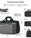 Compact Under Seat Travel Duffel Bag With 11 Pockets And Trolley Sleeve, dimensions and features display, black color, side view