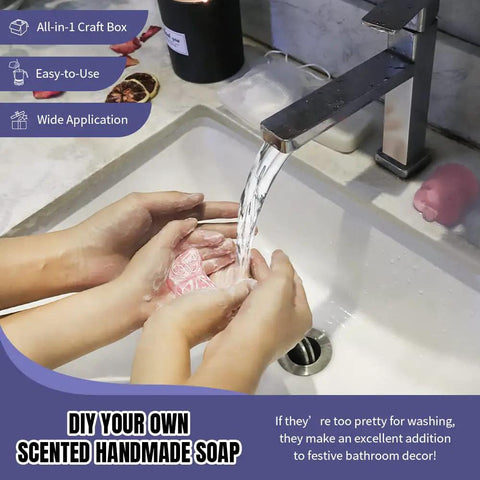 Hands using handmade soap under sink with Make It Easy No Fuss Soap Making Kit With Electronic Warmer Plate Glycerin Soap Base Pouring