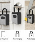 Combination Key Lock Box With Outdoor Wall Mount And Door Hanger For Realtors And Airbnb Hosts Easy Home Key Access Hidden Secure Storage For House Keys And Garage shown wall-mounted, door hanging, and portable use.
