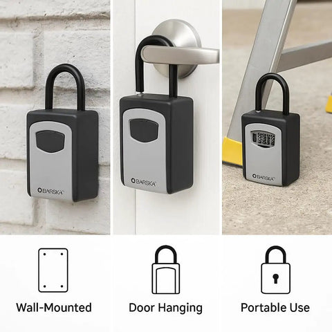 Combination Key Lock Box With Outdoor Wall Mount And Door Hanger For Realtors And Airbnb Hosts Easy Home Key Access Hidden Secure Storage For House Keys And Garage shown wall-mounted, door hanging, and portable use.