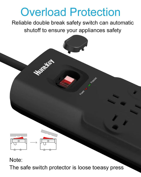 12 Outlet Surge Protector Power Strip With 3480 Joule Defense, showing safety switch and overload protection feature.