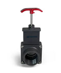 Front view of Above Ground Gate Valve 1.5 Inch Dual Threaded Shut Off Slice Adapter Durable Black Plastic Isolation Valve For Swimming Pools Leak Free Access For Pump Maintenance And Equipment Servicing