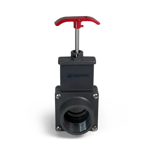 Front view of Above Ground Gate Valve 1.5 Inch Dual Threaded Shut Off Slice Adapter Durable Black Plastic Isolation Valve For Swimming Pools Leak Free Access For Pump Maintenance And Equipment Servicing