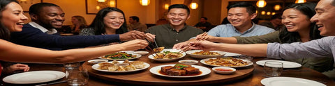 Group of friends enjoying dinner around a 24 Inch Round Wooden Lazy Susan Turntable For Kitchen Cabinet Storage And Spicy Condiments in a restaurant.