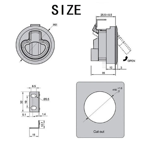 Front and side view diagrams of a 2-inch stainless steel flush pull slam latch for boat hatches, pack of 2