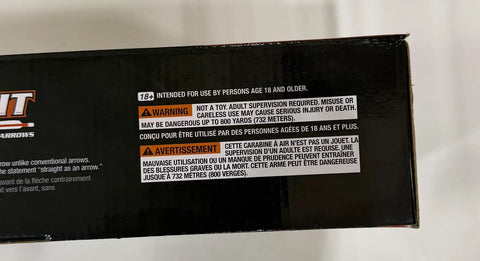 Warning label on PCP Powered Arrow Rifle With 3 Carbon Fiber Arrows, 450 FPS, 169 FPE, High Capacity Tank Delivers 25 Shots Per Fill