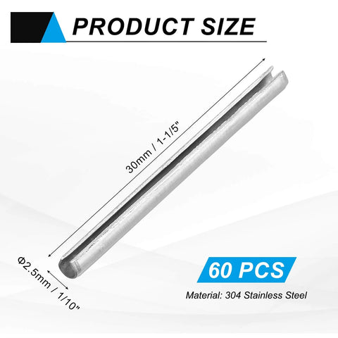 Sixty Slotted Roll Pins One Tenth Inch Diameter Two Point Five Millimeter And One Point Two Inch Length Heavy Duty Silver Steel