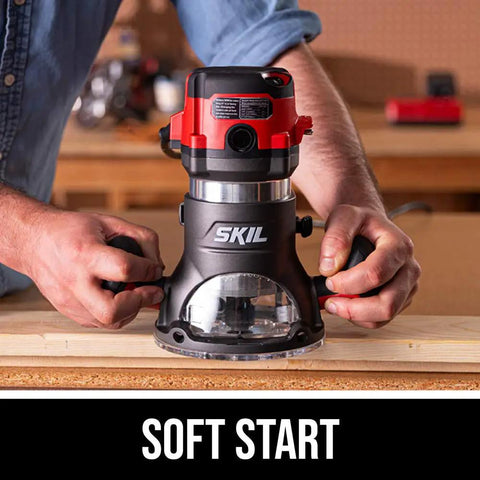 Heavy Duty 10 Amp Fixed Base Corded Router With A Beefy Two Point Zero Horsepower Motor And Variable Speed Control Built Tight For Smooth Woodworking Jobs That Get Done Right Today in use, with a user adjusting settings.